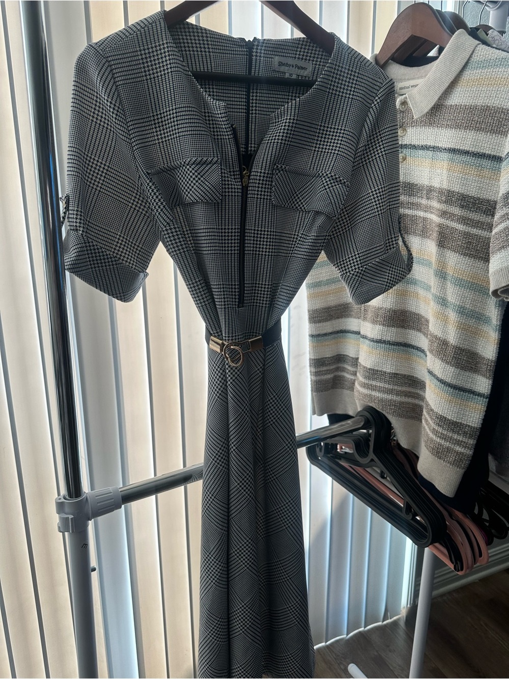 Shelby & Palmer Black and White Plaid Belted Midi Dress